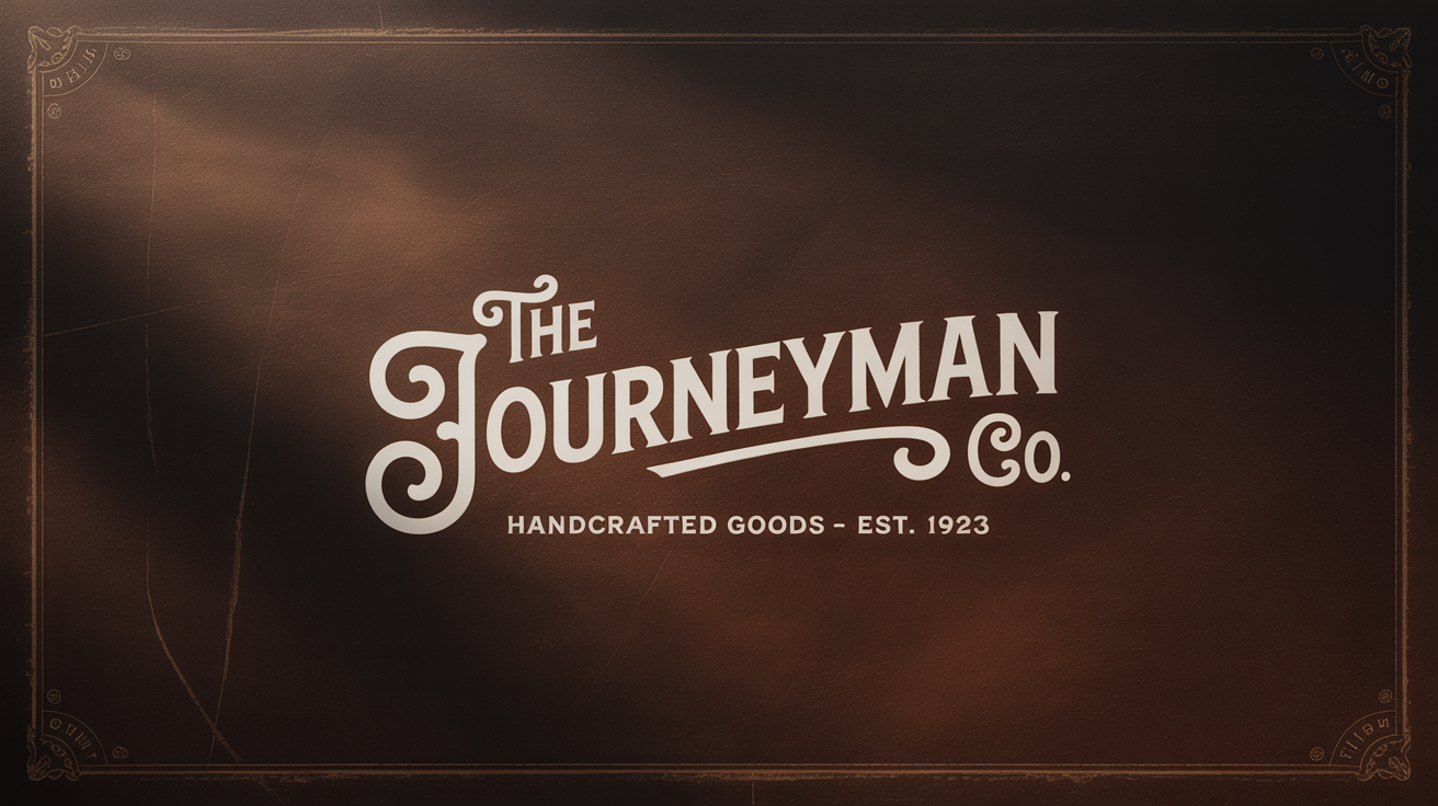 A finished design showing a vintage text effect. The words 'The Journeyman Co.' and 'Handcrafted Goods - Est. 1923' are in an ornate, cream-colored vintage font on a dark, textured sepia background.