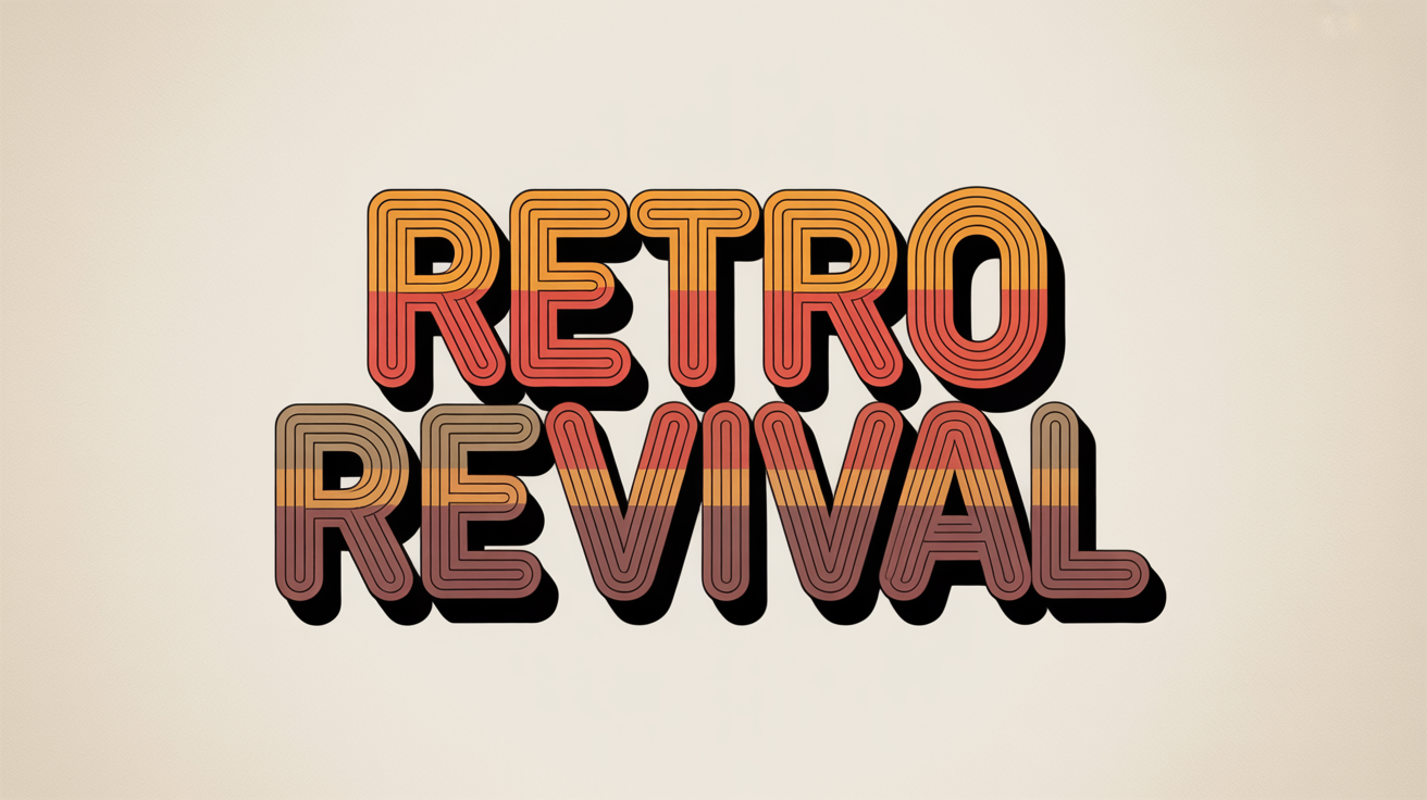 A typography mockup displaying the words 'Retro Revival' in a bold, 1970s-style font with orange and brown gradients and a distressed texture, set against a clean white background.