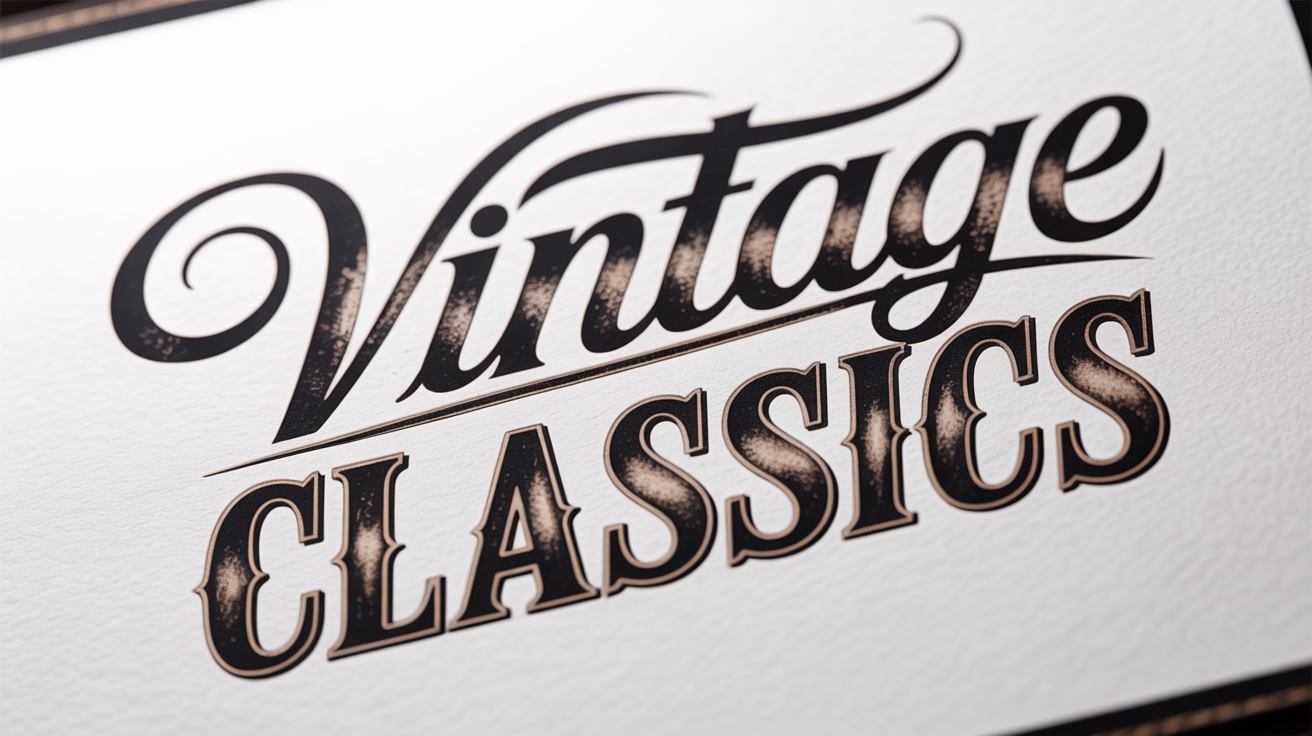 A typography design featuring the words 'Vintage Classics' in a distressed, old-fashioned letterpress font against a clean white background, showcasing a classic and weathered aesthetic.