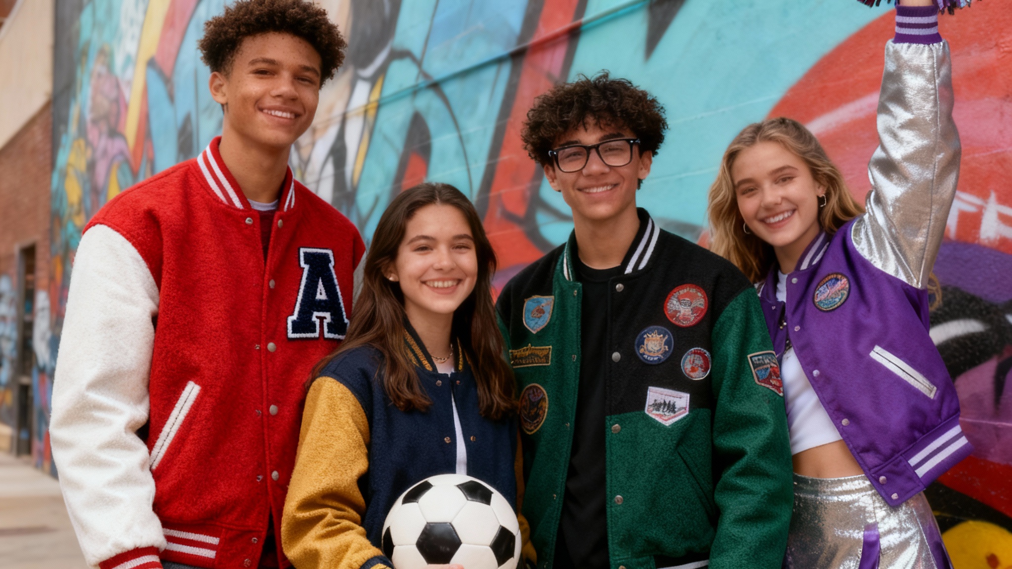 A vibrant hero image showing four diverse high school students wearing different custom letterman jackets they designed. The jackets are in various colors like red, navy, green, and purple, showcasing different patches and styles.