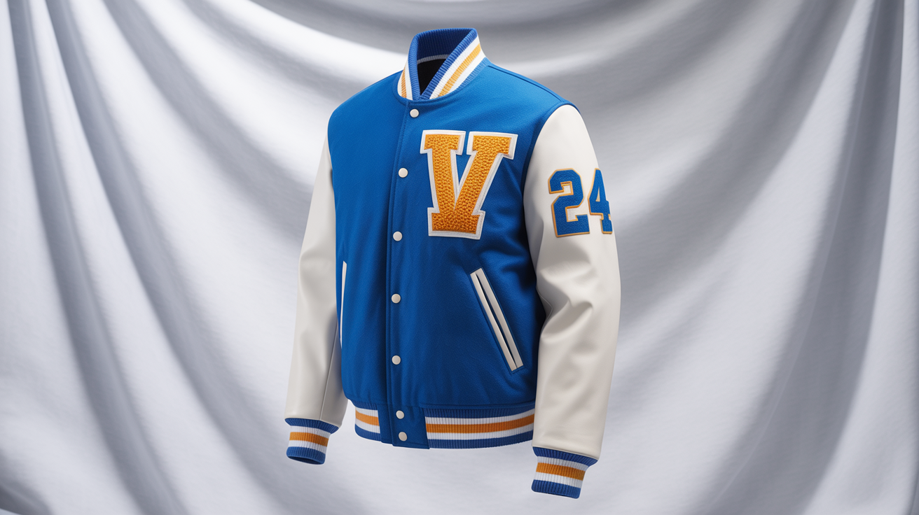 A professional product mockup of a classic letterman jacket with a royal blue body and white leather sleeves, displayed on a white background. It features a large golden yellow chenille 'V' patch on the chest and a '24' patch on the sleeve.