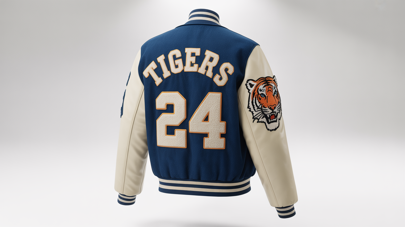 A custom-designed letterman jacket with a navy blue body and white leather sleeves, displayed against a white background. The jacket features a large letter 'A' patch on the chest, a tiger mascot on the sleeve, and the word 'TIGERS' on the back.