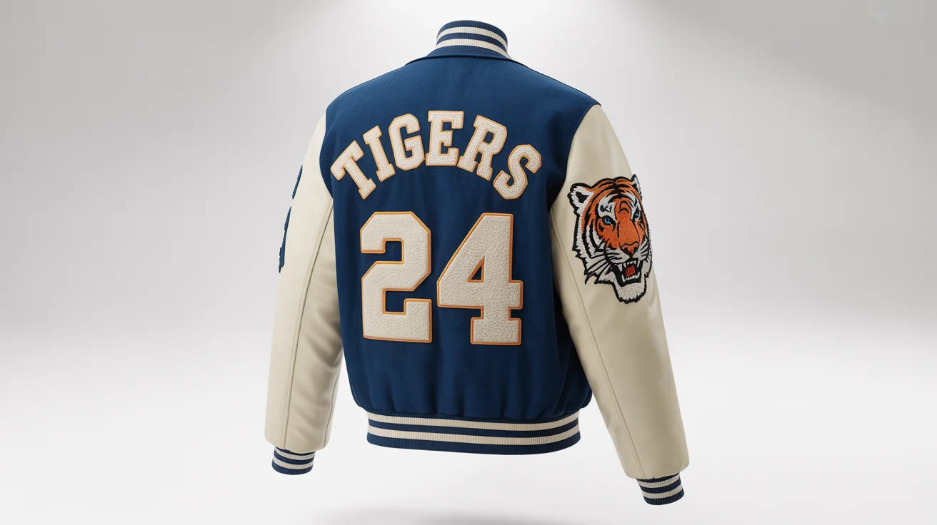 A custom-designed letterman jacket with a navy blue body and white leather sleeves, displayed against a white background. The jacket features a large letter 'A' patch on the chest, a tiger mascot on the sleeve, and the word 'TIGERS' on the back.