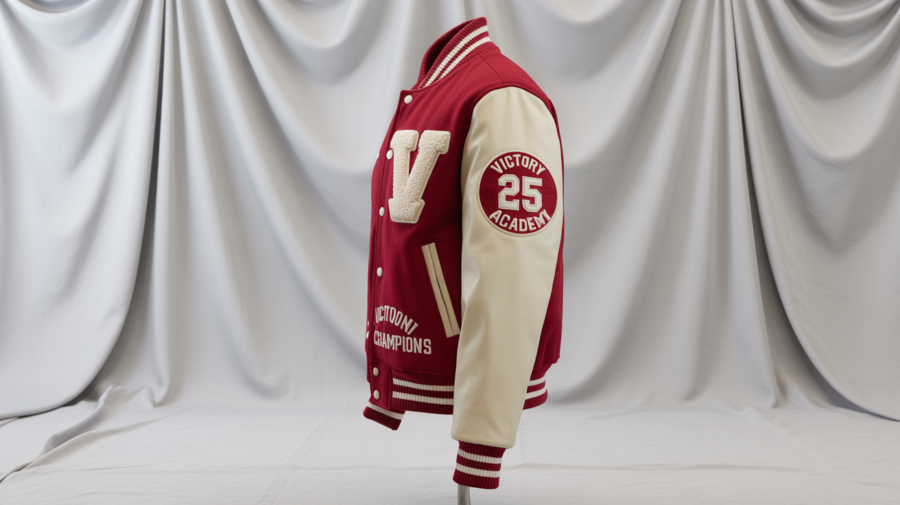 A photorealistic mockup of a custom letterman jacket with a crimson red body and cream sleeves, featuring a 'V' chenille patch and 'Victory Academy Champions' embroidery, set against a plain white background.