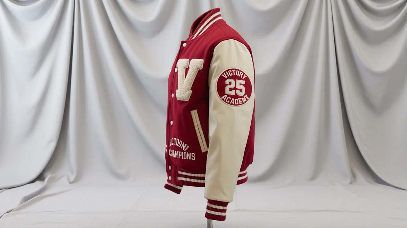 A photorealistic mockup of a custom letterman jacket with a crimson red body and cream sleeves, featuring a 'V' chenille patch and 'Victory Academy Champions' embroidery, set against a plain white background.