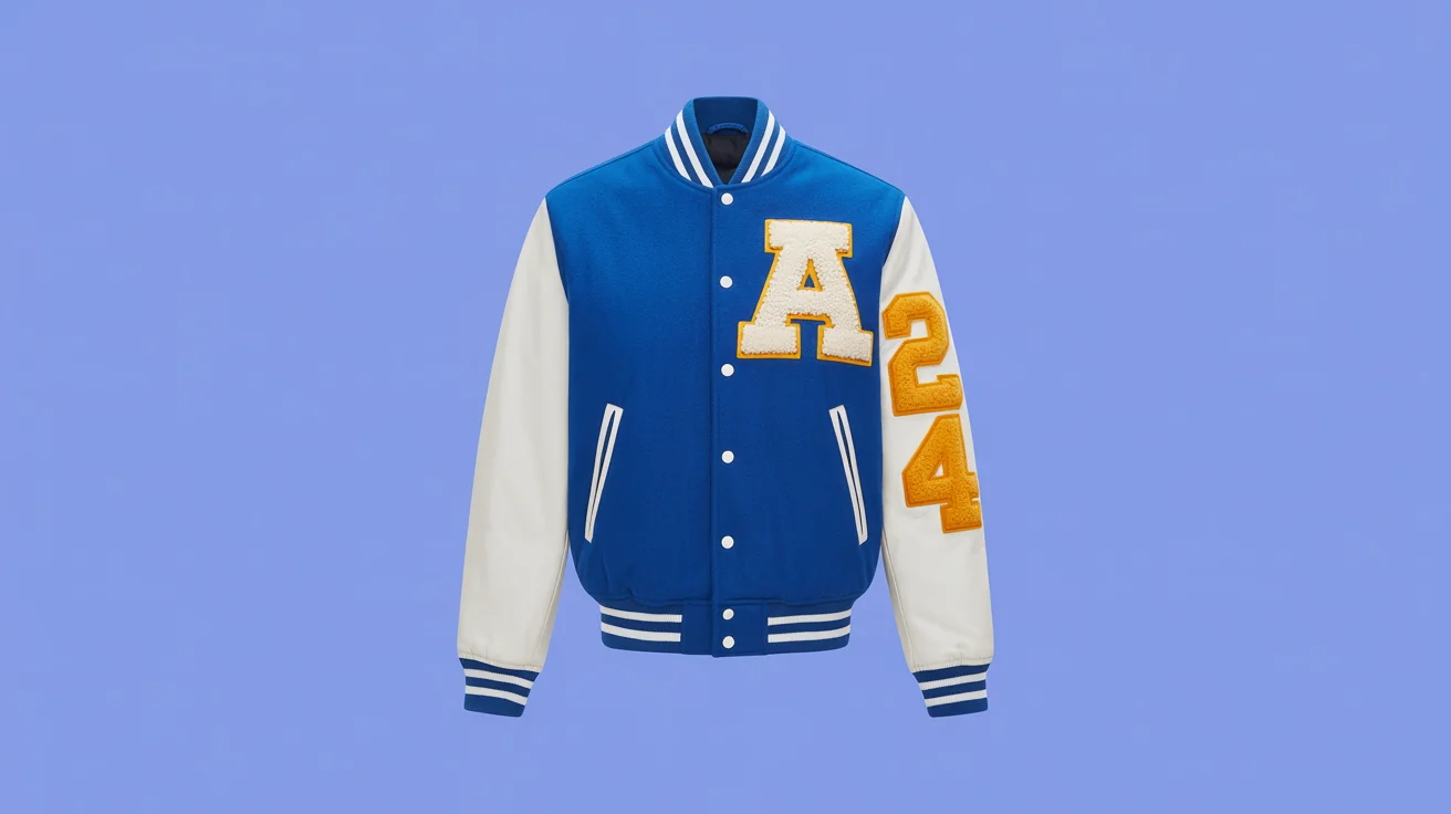 A product mockup of a royal blue and white letterman jacket, featuring a large chenille 'A' on the chest and the number '24' embroidered on the sleeve, set against a plain white background.