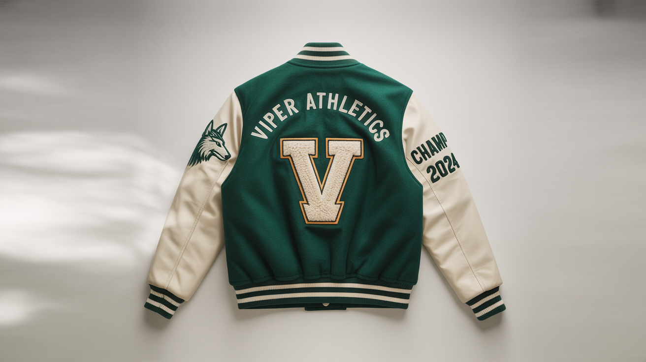 A photorealistic mockup of a custom letterman jacket with a green wool body, cream leather sleeves, and custom patches for 'Viper Athletics' and 'Champions 2024', all displayed on a clean white background.