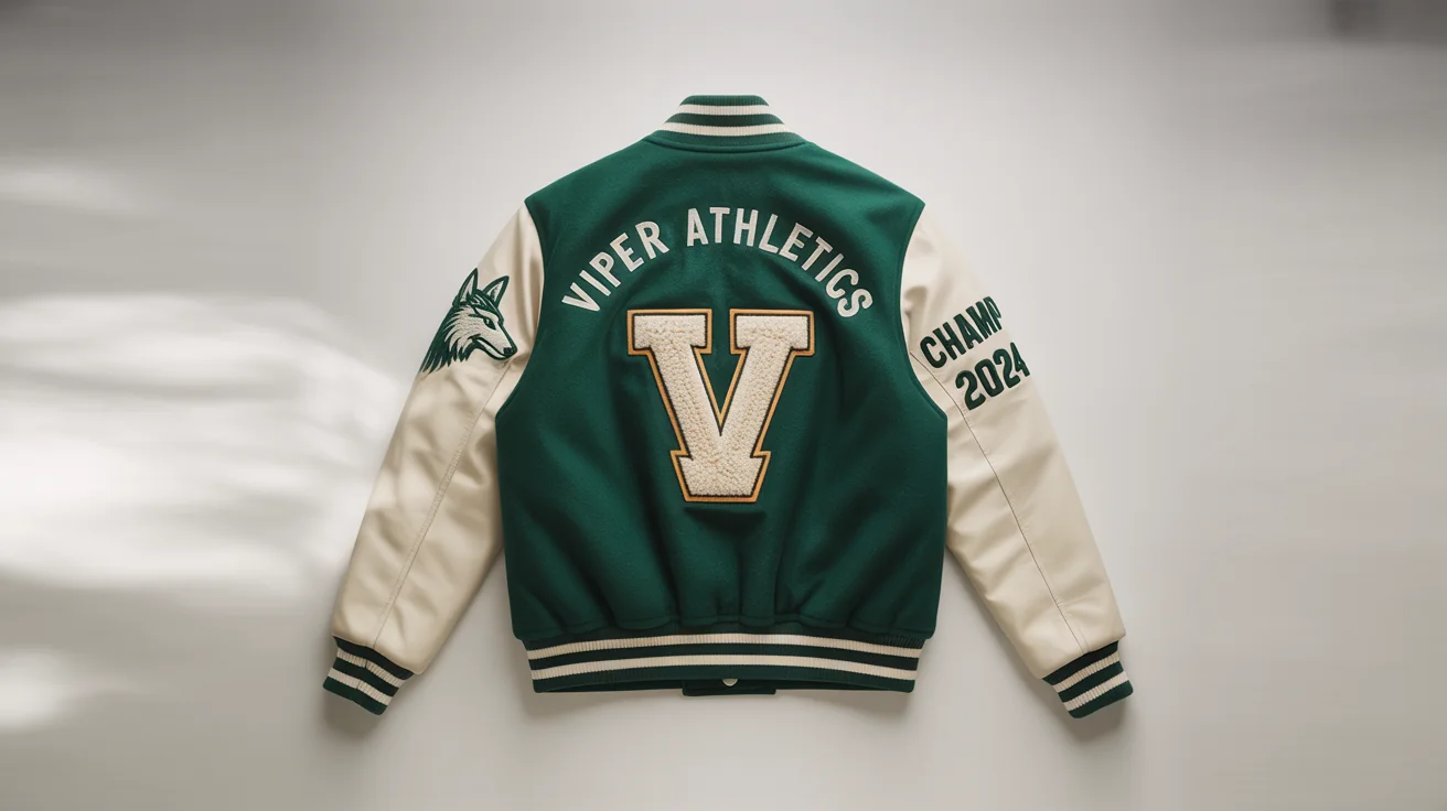 A photorealistic mockup of a custom letterman jacket with a green wool body, cream leather sleeves, and custom patches for 'Viper Athletics' and 'Champions 2024', all displayed on a clean white background.