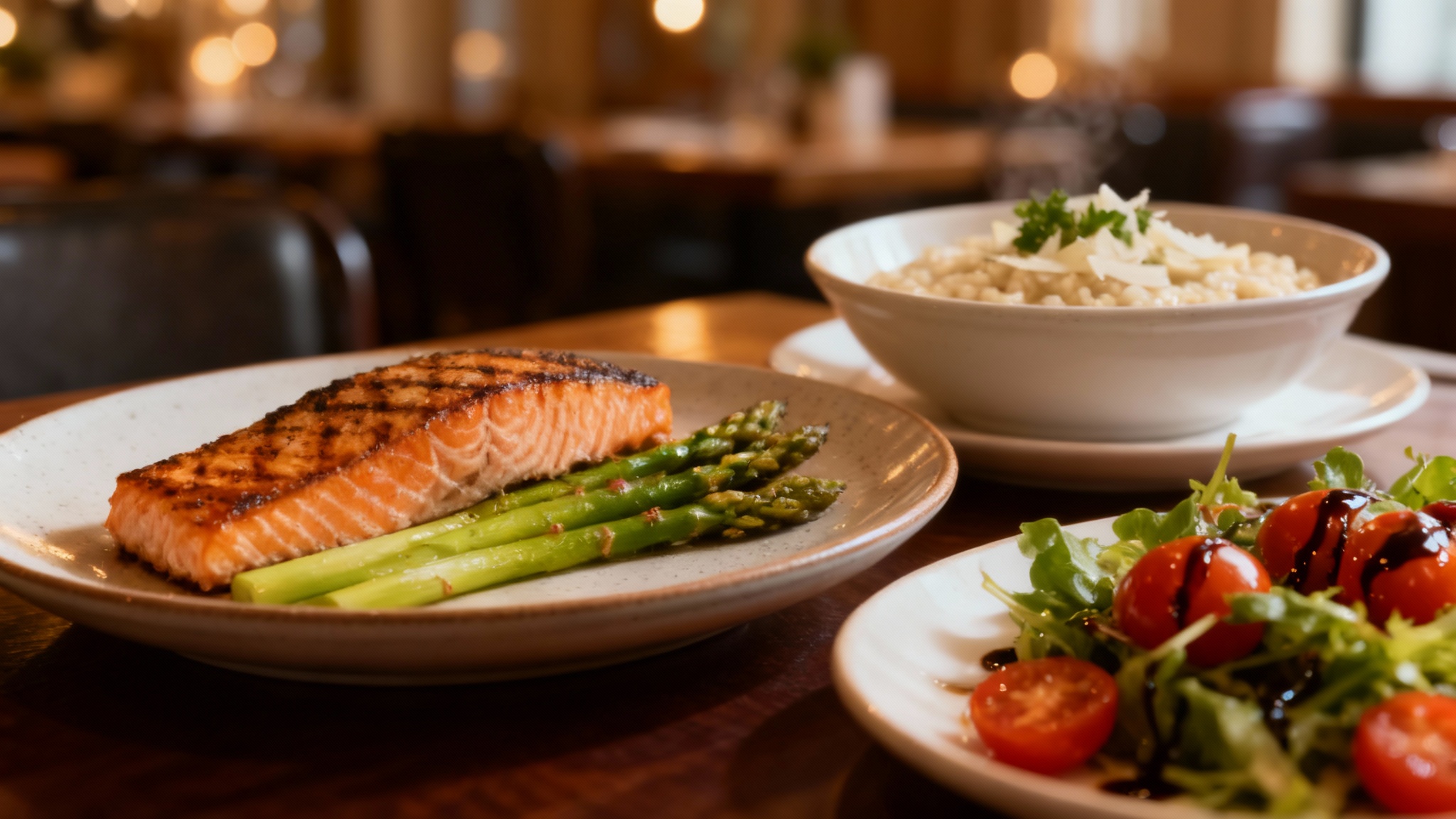 A professional, mouth-watering photograph of a gourmet meal on a restaurant table, featuring grilled salmon, creamy risotto, and a fresh salad, all expertly lit to look delicious.