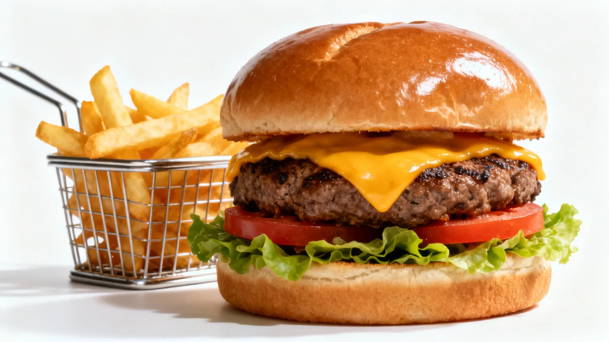 A high-end restaurant food photograph of a juicy gourmet cheeseburger and a side of crispy french fries, professionally lit and styled against a plain white background.