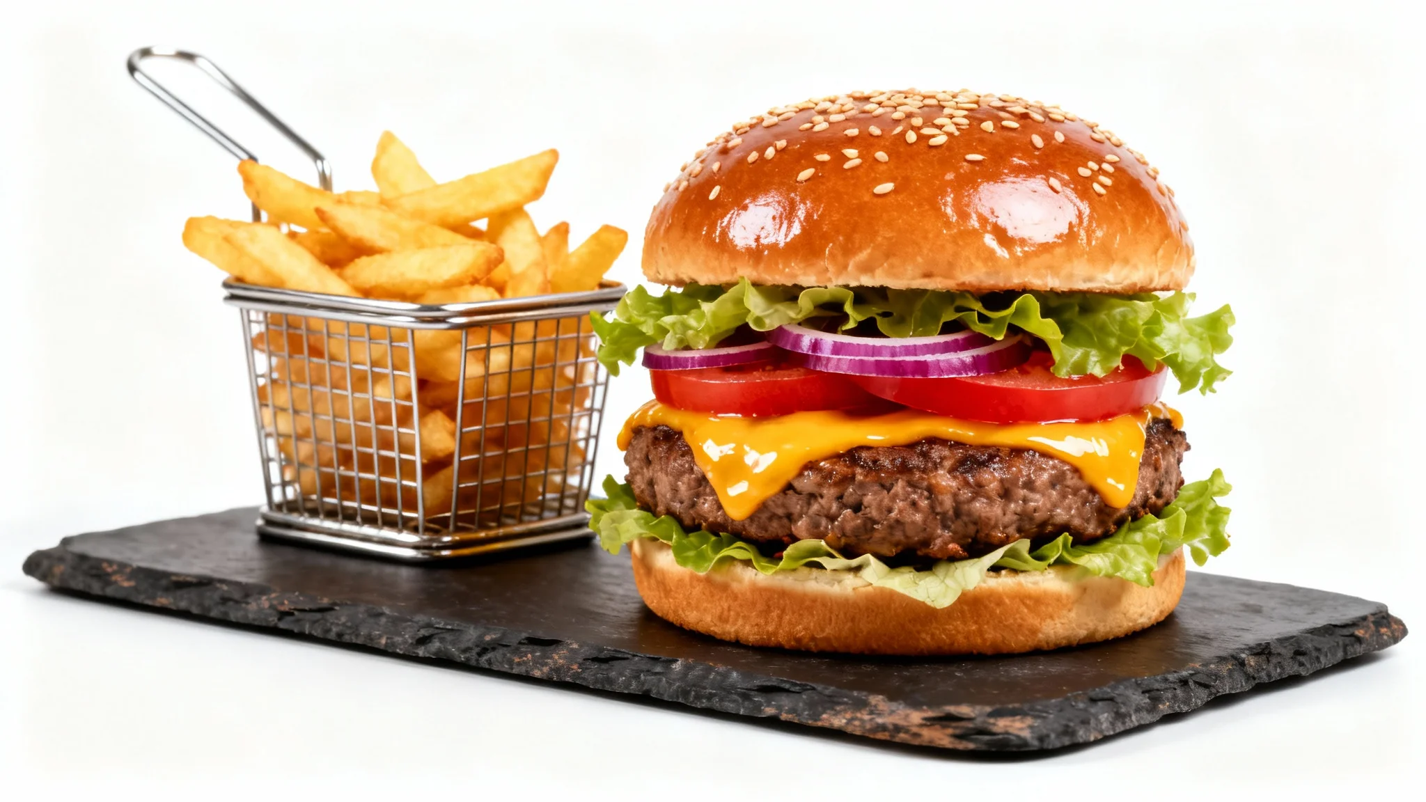 A professionally photographed gourmet cheeseburger with melted cheese and fresh toppings, served on a dark slate board with a side of crispy french fries, against a clean white background.