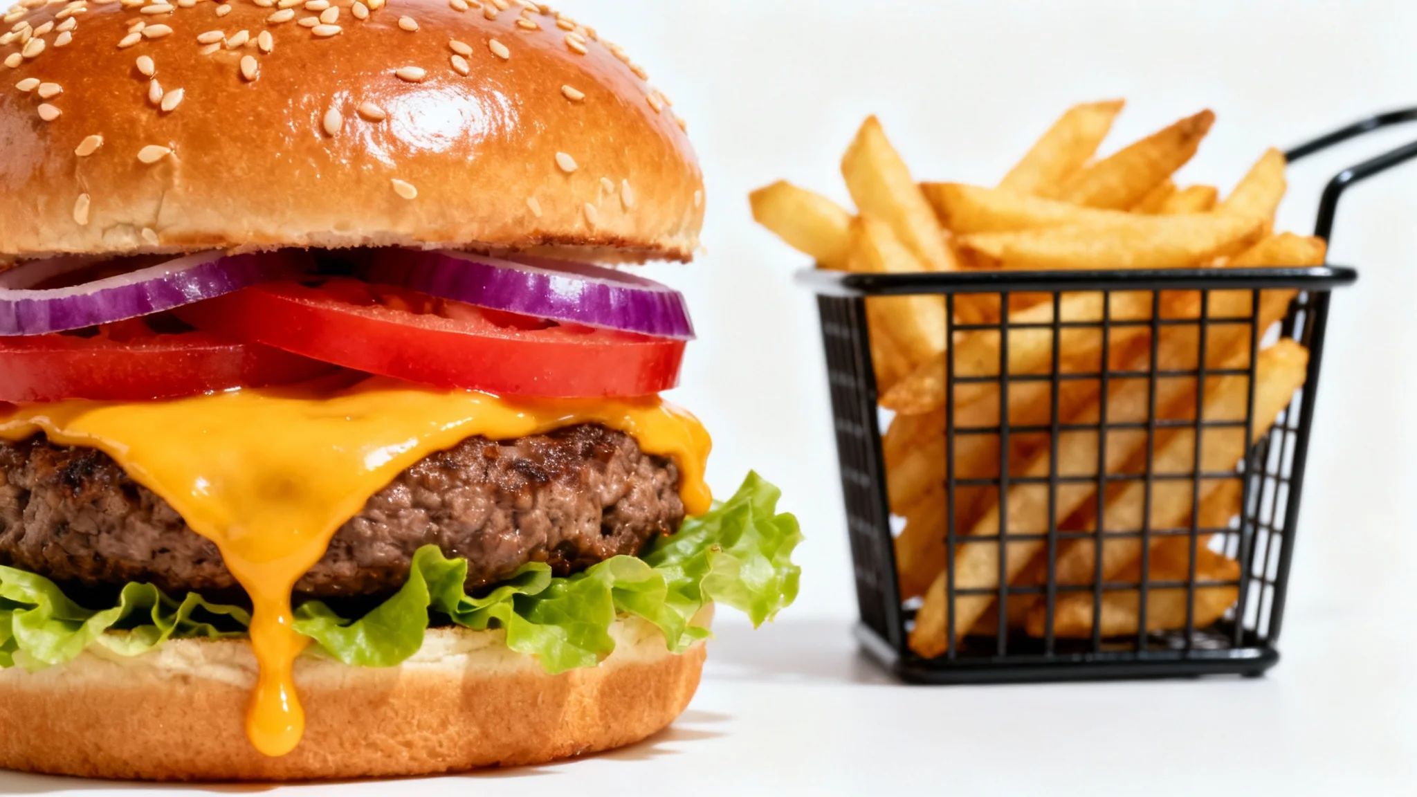 A professional, high-quality photograph of a gourmet cheeseburger and a side of french fries, presented against a clean white background for a restaurant advertisement.