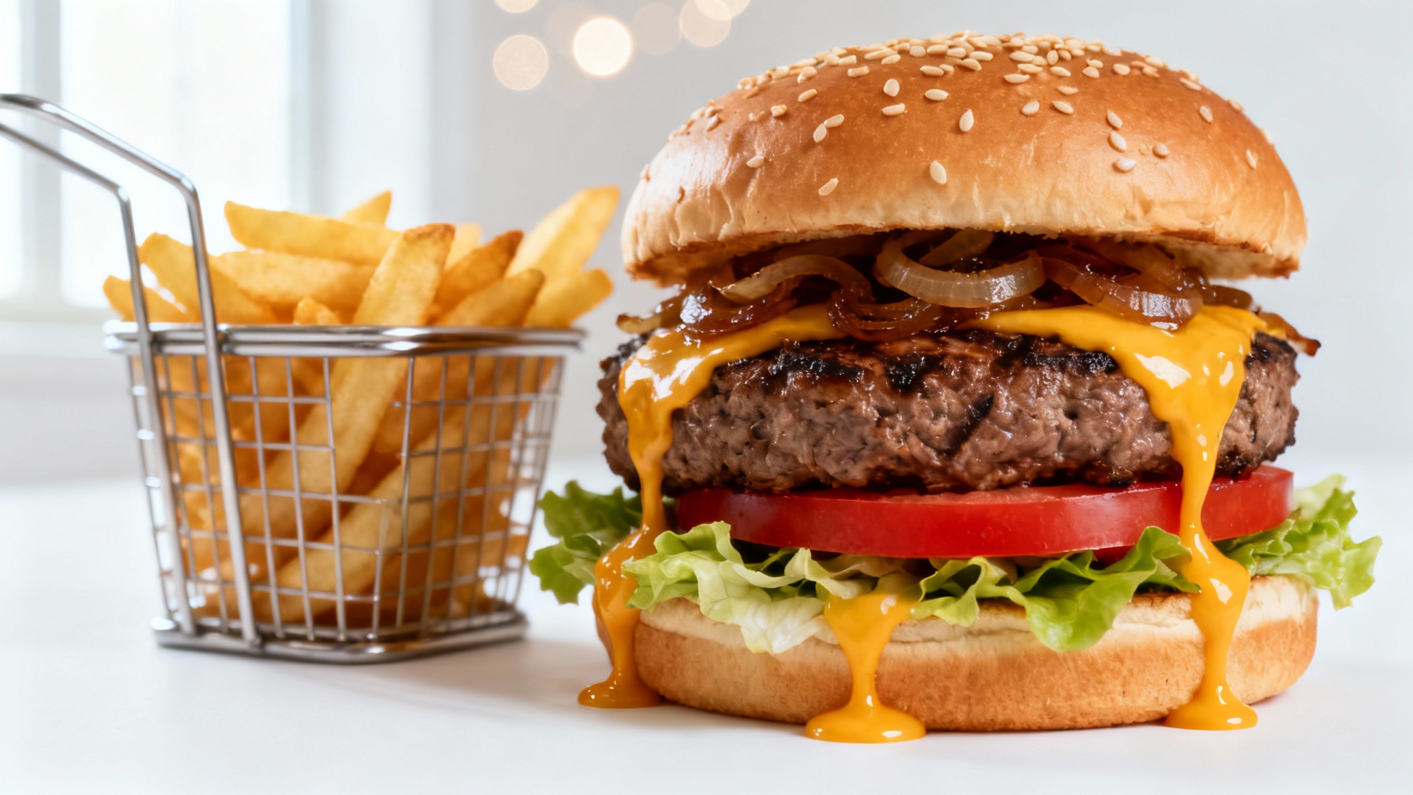 A mouth-watering, professional close-up photograph of a gourmet cheeseburger with melted cheese and a side of crispy french fries, styled elegantly on a clean white surface.