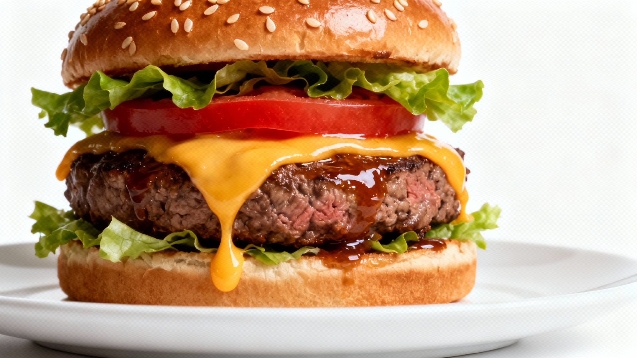 A professionally photographed gourmet cheeseburger on a white plate, set against a clean white background, showcasing high-quality restaurant food photography.