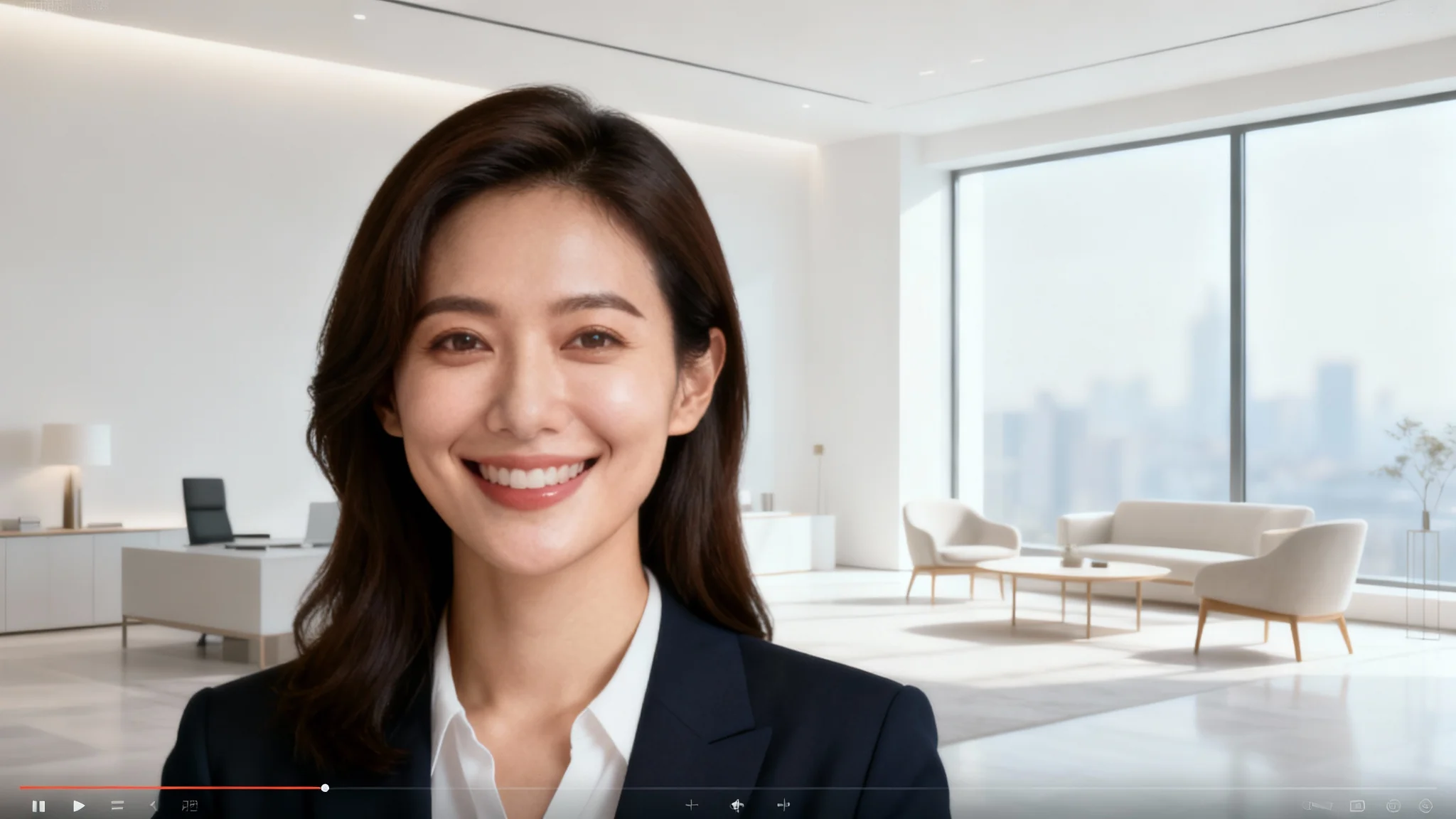 A woman on a video call using a professional virtual background of a modern, sunlit office.