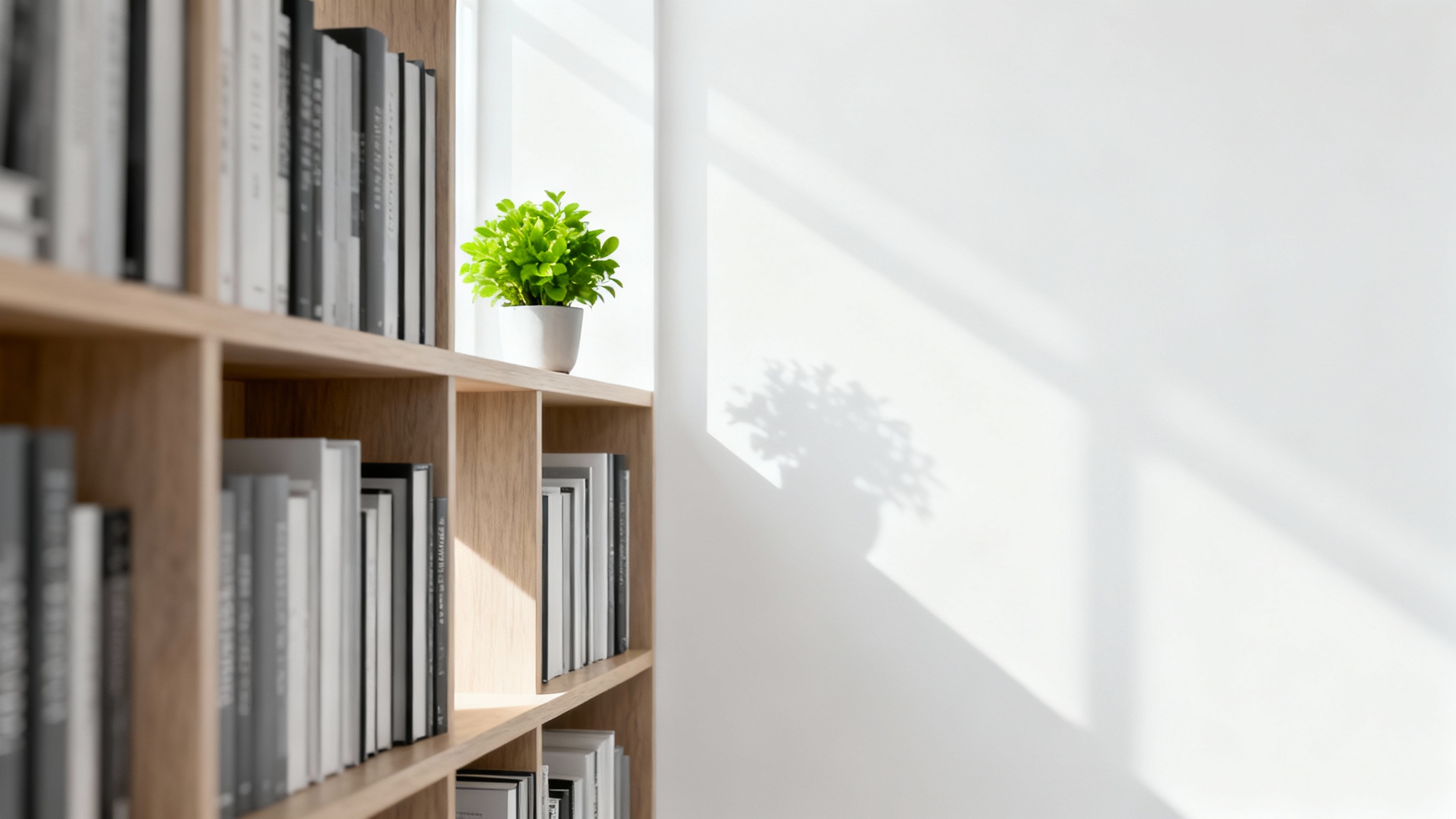 A photorealistic mockup of a modern home office interior for a video call background, featuring a bookshelf with a plant and bathed in natural light, on a white background.