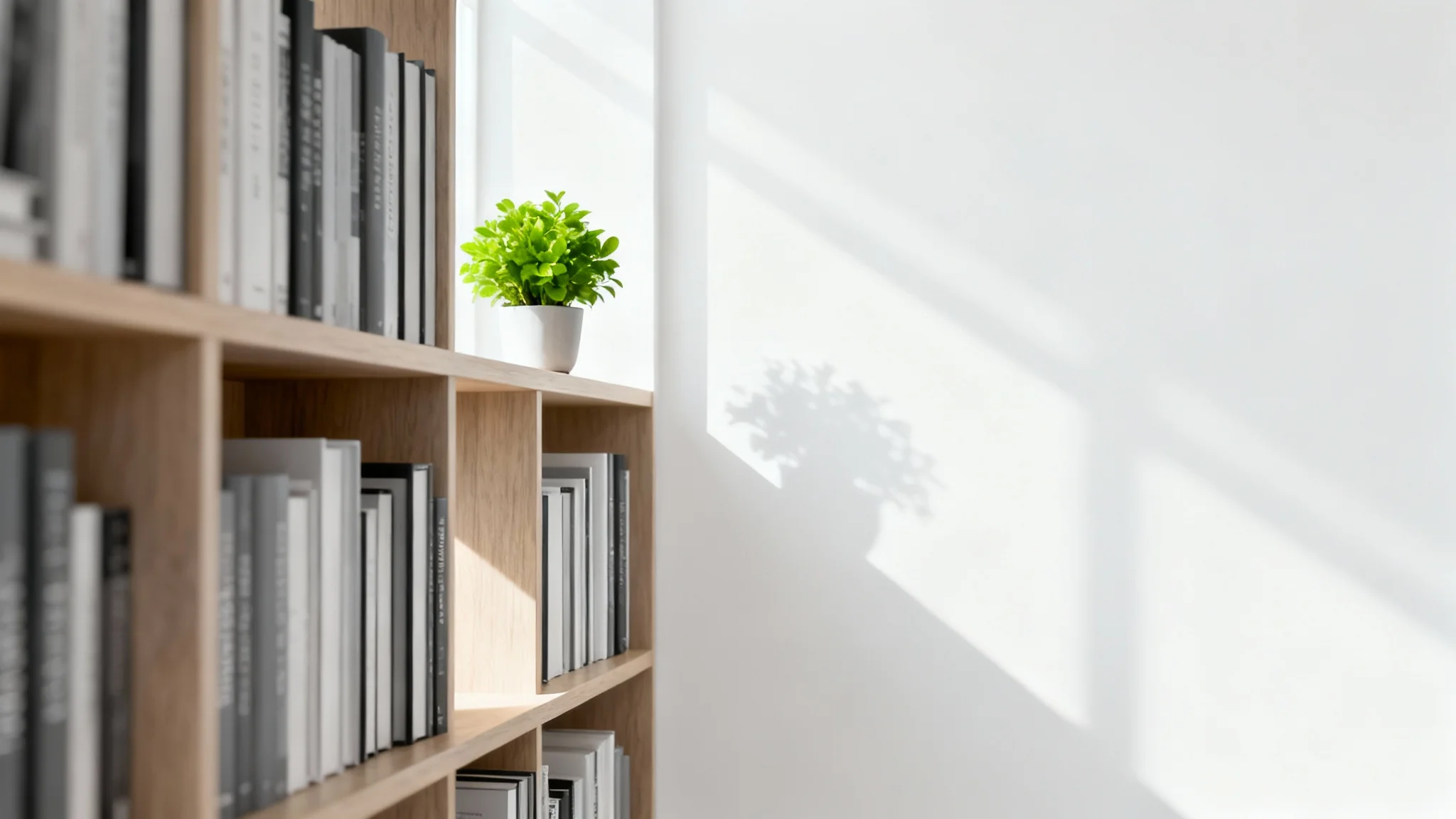 A photorealistic mockup of a modern home office interior for a video call background, featuring a bookshelf with a plant and bathed in natural light, on a white background.