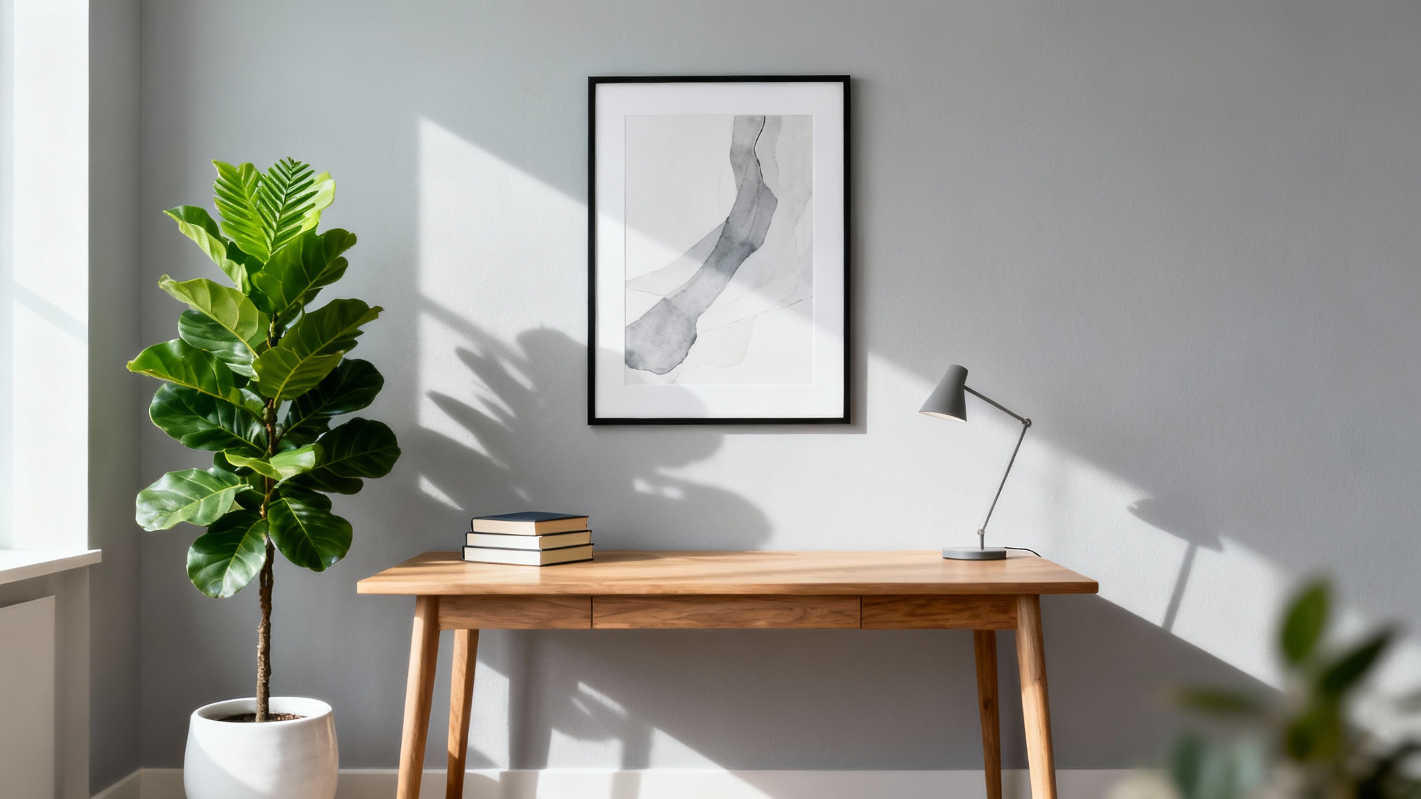 A modern and clean home office background for a video call, featuring a neat desk, a houseplant, and abstract art on the wall.