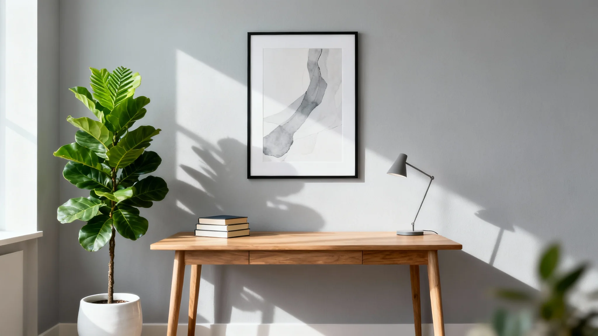 A modern and clean home office background for a video call, featuring a neat desk, a houseplant, and abstract art on the wall.