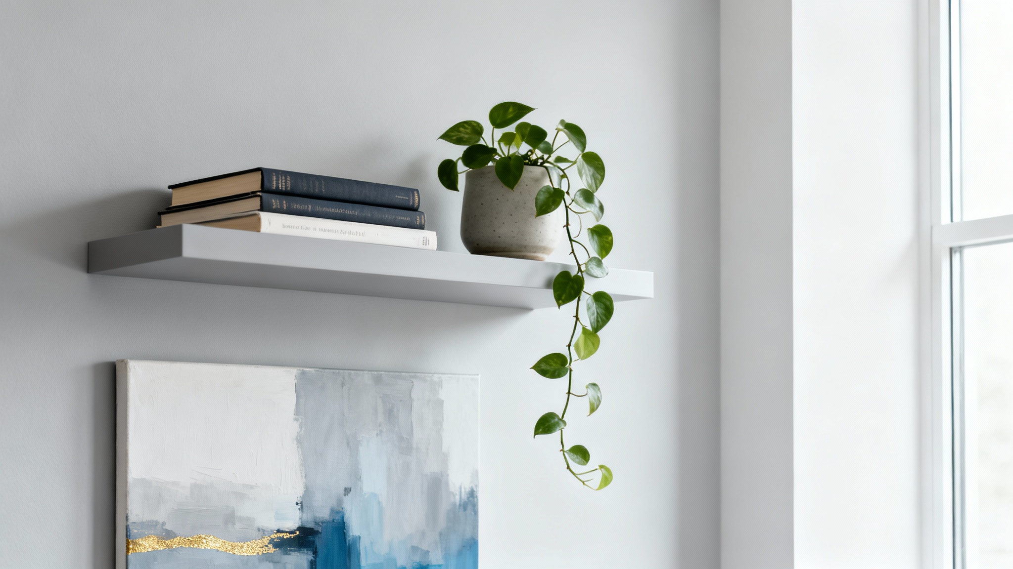 A photorealistic mockup of a stylish video call background, featuring a modern home office with a floating shelf, a plant, and an abstract painting, all presented on a clean white background.