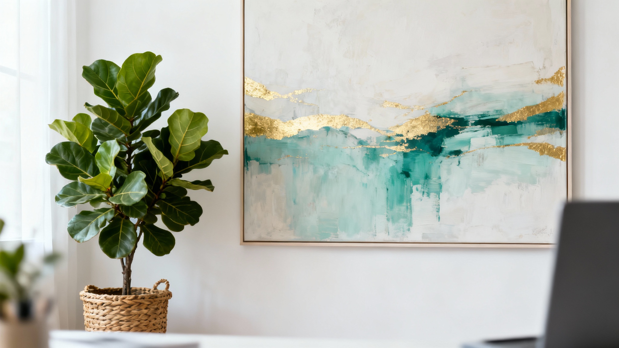 A professional video call background showing a minimalist home office with a large abstract painting and a vibrant fiddle-leaf fig plant against a clean wall.