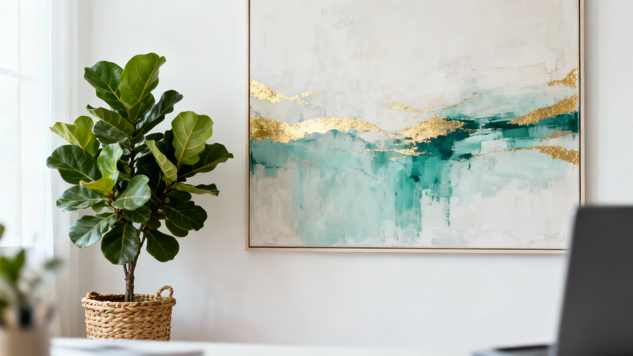 A professional video call background showing a minimalist home office with a large abstract painting and a vibrant fiddle-leaf fig plant against a clean wall.