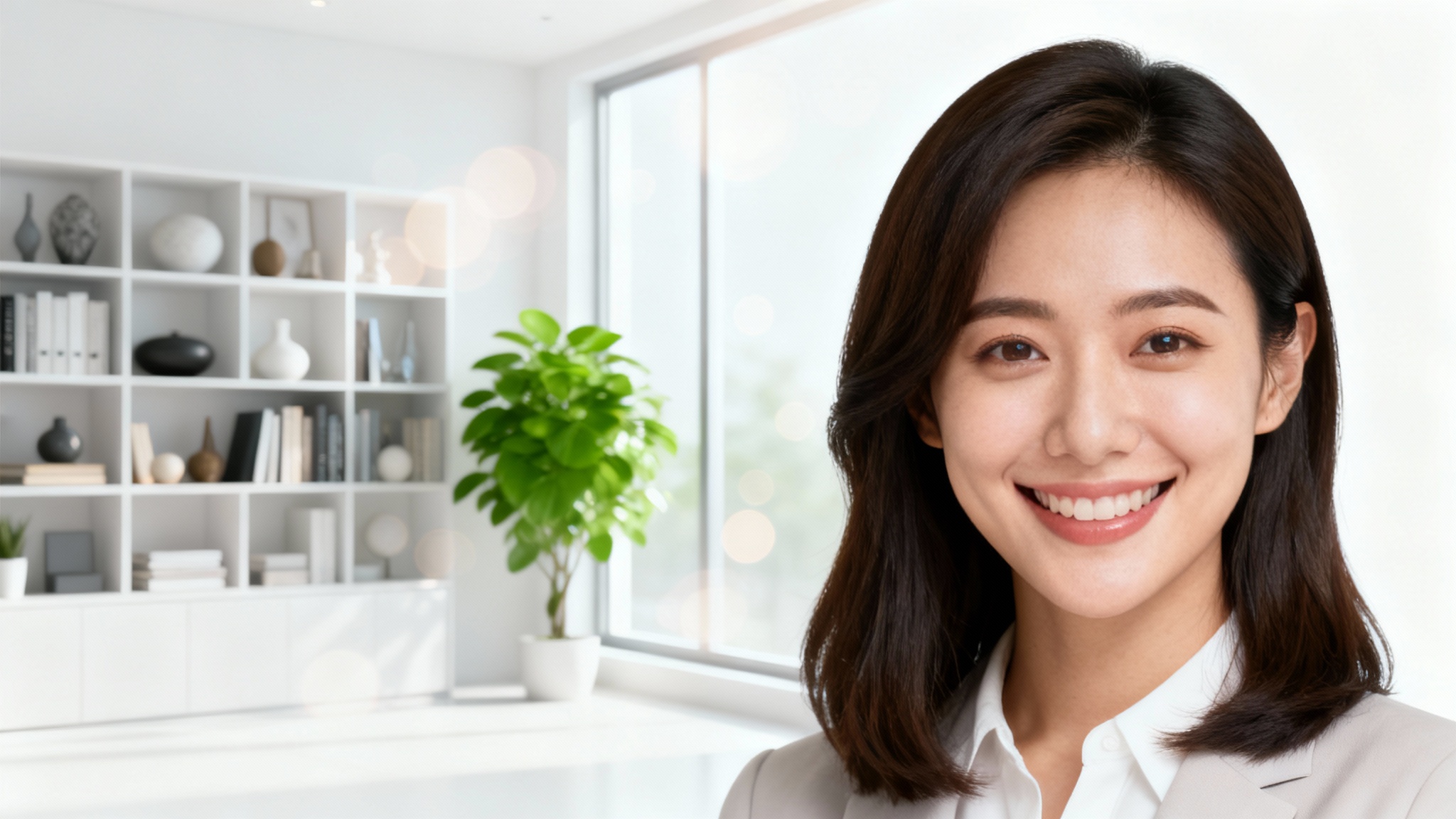 A professional woman smiling during a video call, showcasing a clean and modern virtual background of a minimalist home office.