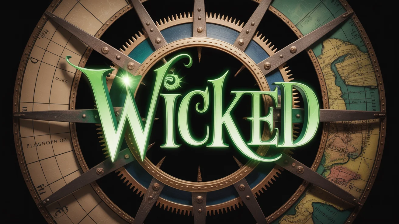 A professionally designed logo for the musical 'Wicked' featuring the title in a jagged font against a backdrop of clockwork gears and a map of Oz, in a dramatic green and black color scheme.