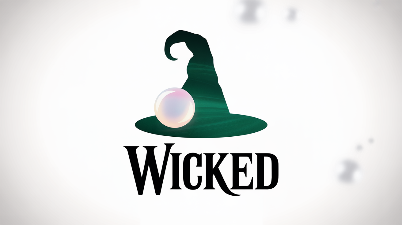 A modern logo mockup for the musical Wicked, featuring a green witch's hat, a pink bubble, and the word 'WICKED' in a stylized font on a white background.