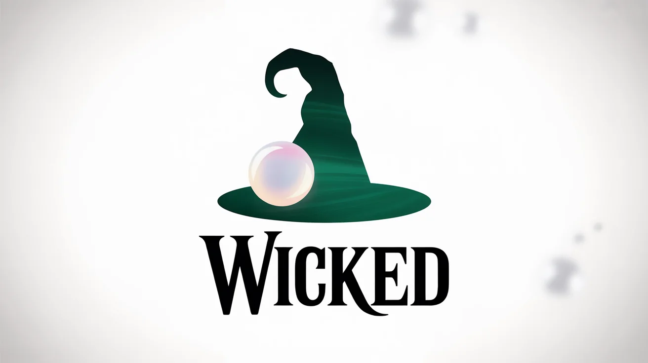 A modern logo mockup for the musical Wicked, featuring a green witch's hat, a pink bubble, and the word 'WICKED' in a stylized font on a white background.
