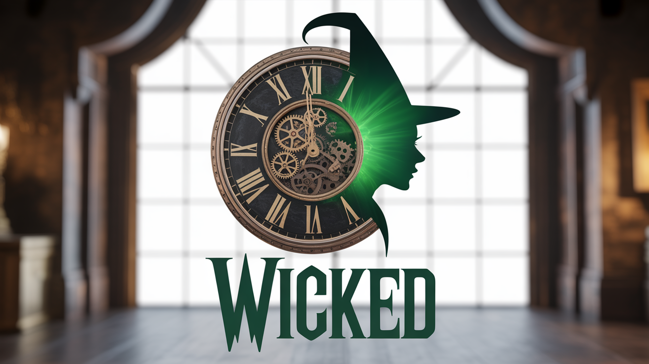 A logo mockup for the musical Wicked, featuring a dark bronze clock with intricate gears, the silhouette of a witch, and the word 'WICKED' in a stylized font, all set against a white background with a green glow.