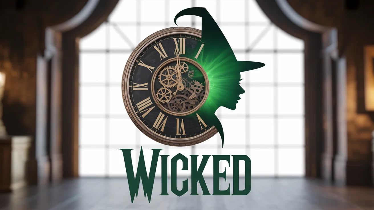 A logo mockup for the musical Wicked, featuring a dark bronze clock with intricate gears, the silhouette of a witch, and the word 'WICKED' in a stylized font, all set against a white background with a green glow.