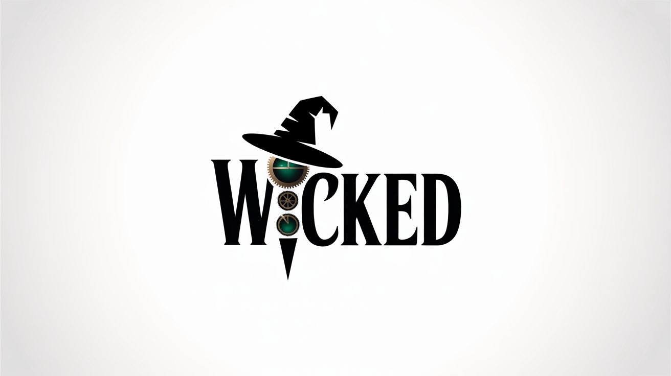 A logo inspired by the musical Wicked, featuring the word 'WICKED' in a stylized green font, integrated with a witch's hat and steampunk-style clock gears, set against a white background.