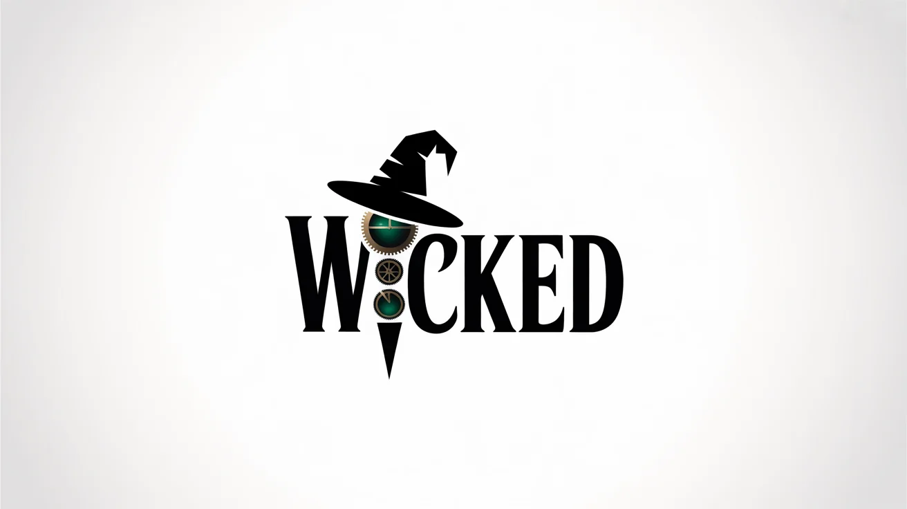 A logo inspired by the musical Wicked, featuring the word 'WICKED' in a stylized green font, integrated with a witch's hat and steampunk-style clock gears, set against a white background.