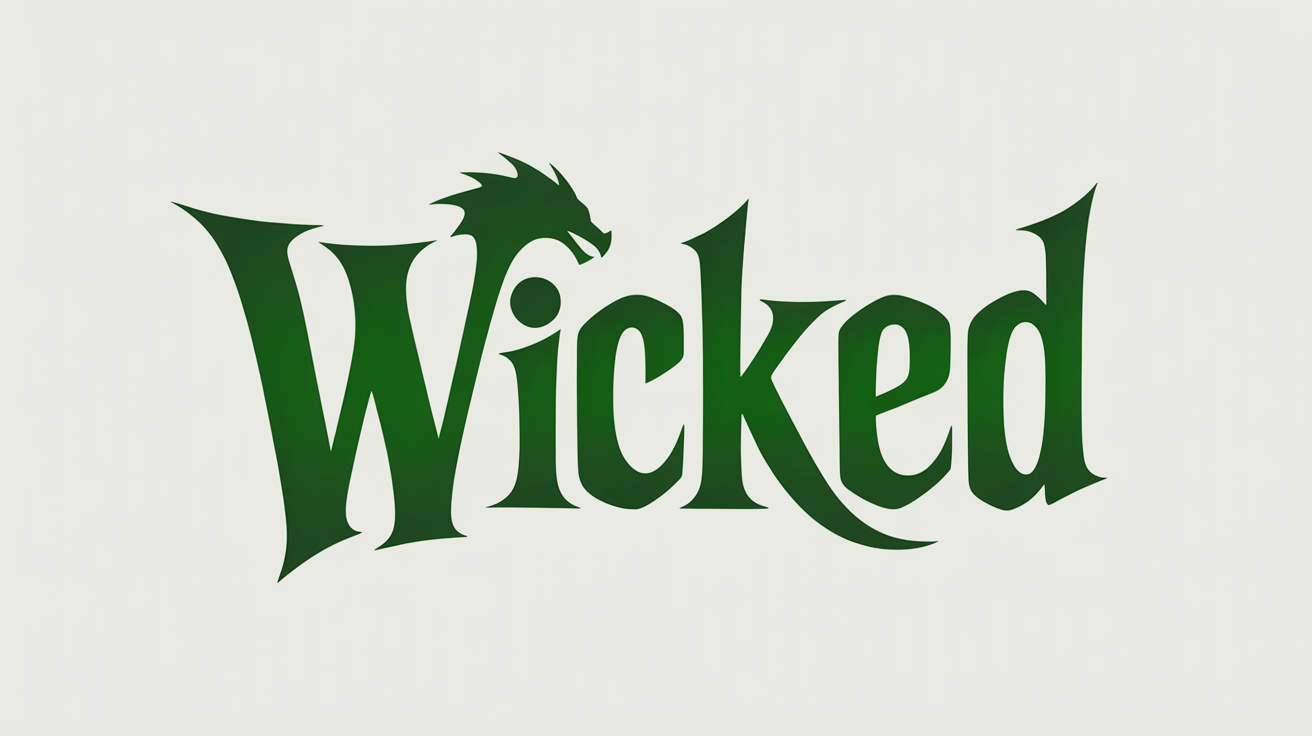A logo inspired by the musical 'Wicked', featuring the word 'WICKED' in a stylized emerald green font with a silhouette of the Time Dragon Clock behind it, all on a plain white background.