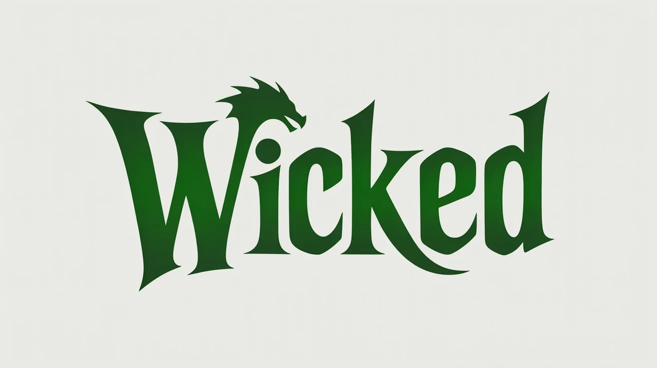 A logo inspired by the musical 'Wicked', featuring the word 'WICKED' in a stylized emerald green font with a silhouette of the Time Dragon Clock behind it, all on a plain white background.