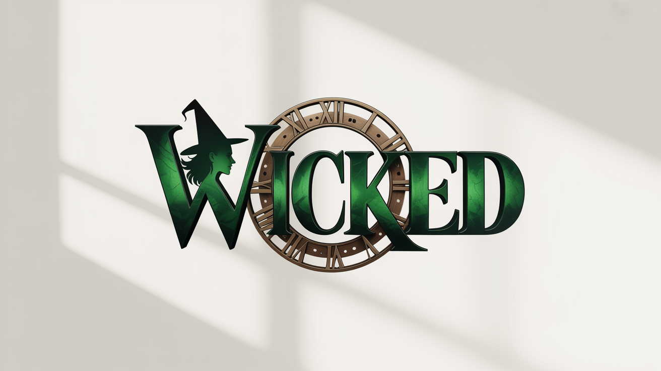 A logo inspired by the musical Wicked, featuring the word 'WICKED' in a jagged green font, set against a backdrop of intricate clockwork gears on a clean white background.