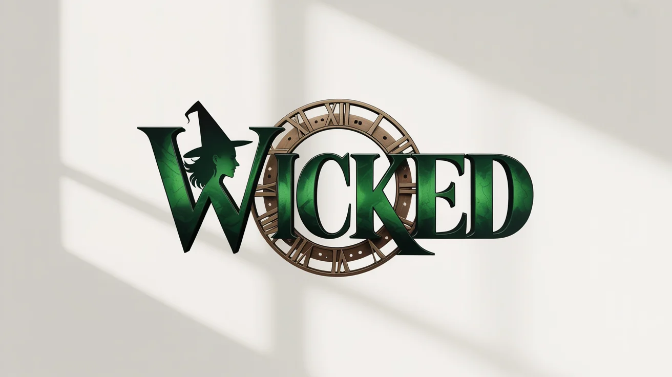 A logo inspired by the musical Wicked, featuring the word 'WICKED' in a jagged green font, set against a backdrop of intricate clockwork gears on a clean white background.