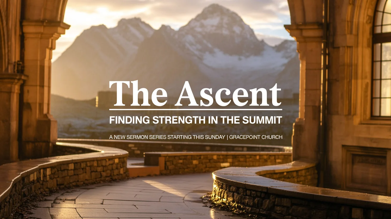 A sermon series graphic with a photo of a mountain path at sunrise. The title reads 'THE ASCENT: Finding Strength in the Summit', with church service details below.