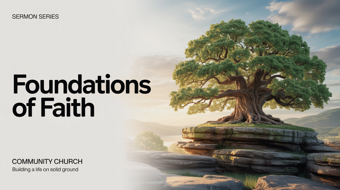 A mockup of a sermon series graphic titled 'Foundations of Faith', featuring an image of a tree growing from rocks against a sunrise, all on a clean white background.