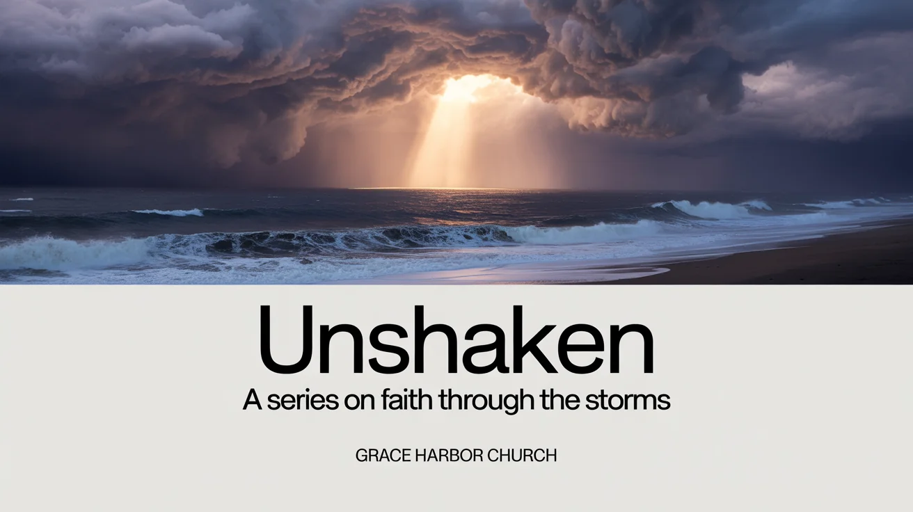 A mockup for a sermon series graphic titled 'UNSHAKEN', featuring a stormy sea with a powerful ray of light breaking through the clouds. The graphic is displayed against a plain white background.
