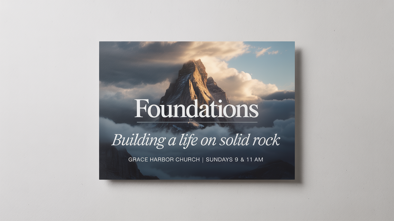 A sermon series graphic mockup titled 'FOUNDATIONS' with the subtitle 'Building a Life on Solid Rock'. The background image shows a mountain peak piercing through storm clouds, with sunlight breaking through from above.