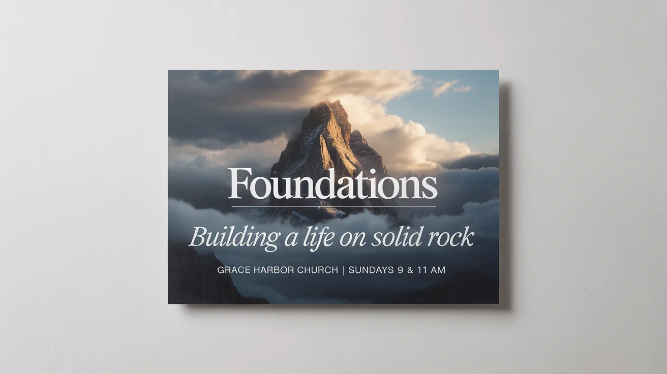 A sermon series graphic mockup titled 'FOUNDATIONS' with the subtitle 'Building a Life on Solid Rock'. The background image shows a mountain peak piercing through storm clouds, with sunlight breaking through from above.