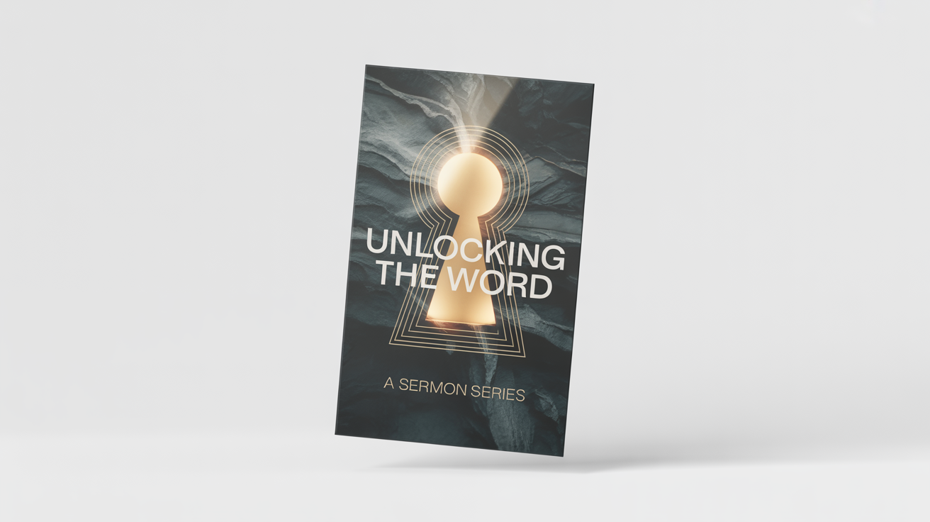 A mockup of a sermon series graphic titled 'Unlocking the Word', featuring a glowing golden keyhole on a dark background, presented against a white backdrop.