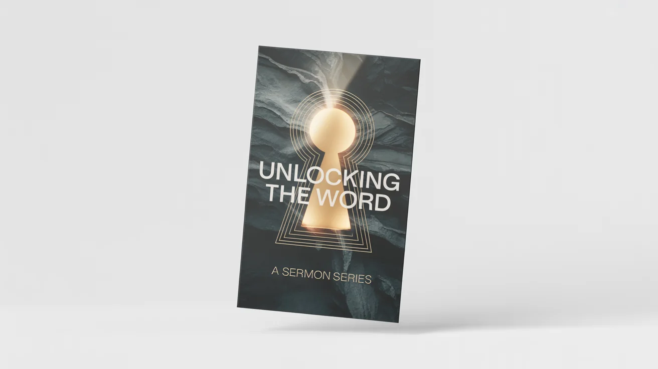 A mockup of a sermon series graphic titled 'Unlocking the Word', featuring a glowing golden keyhole on a dark background, presented against a white backdrop.