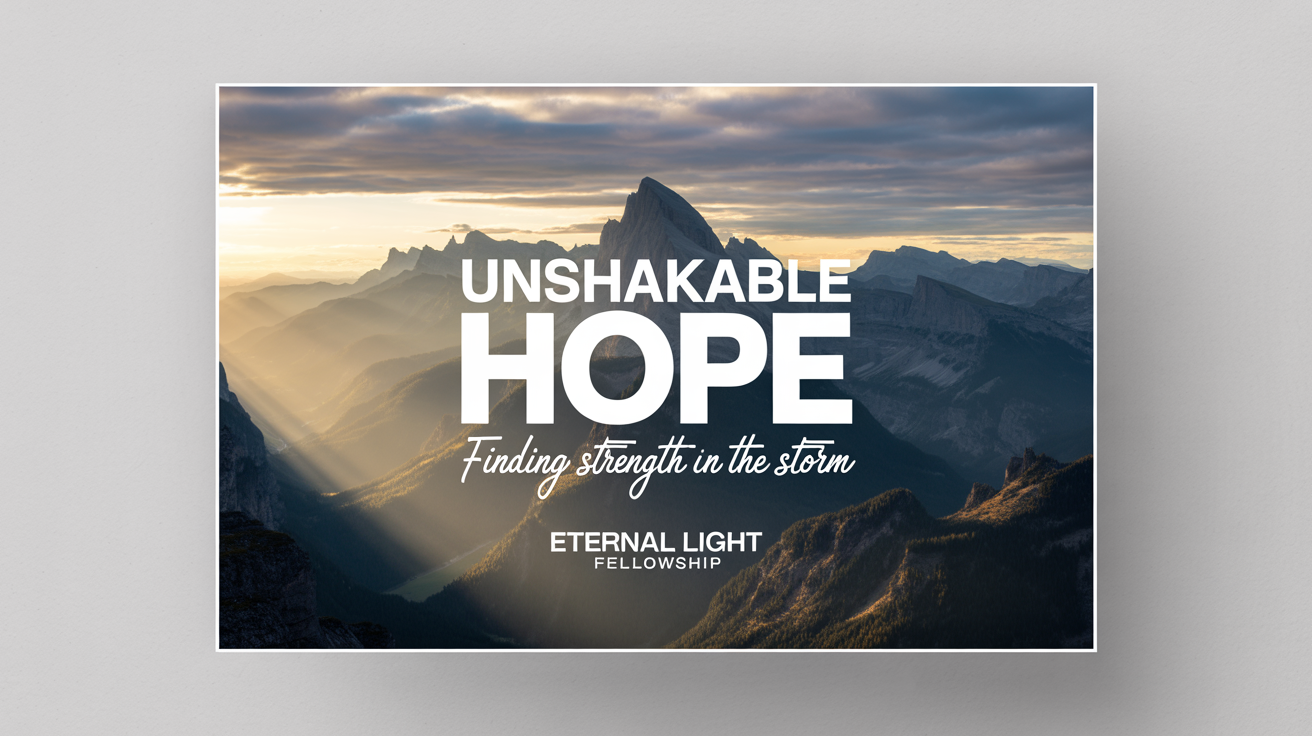 A mockup of a modern sermon series graphic titled 'Unshakable Hope'. The design features a dramatic photo of a mountain range at sunrise, with bold, clean typography for the title and church name, all displayed on a white background.