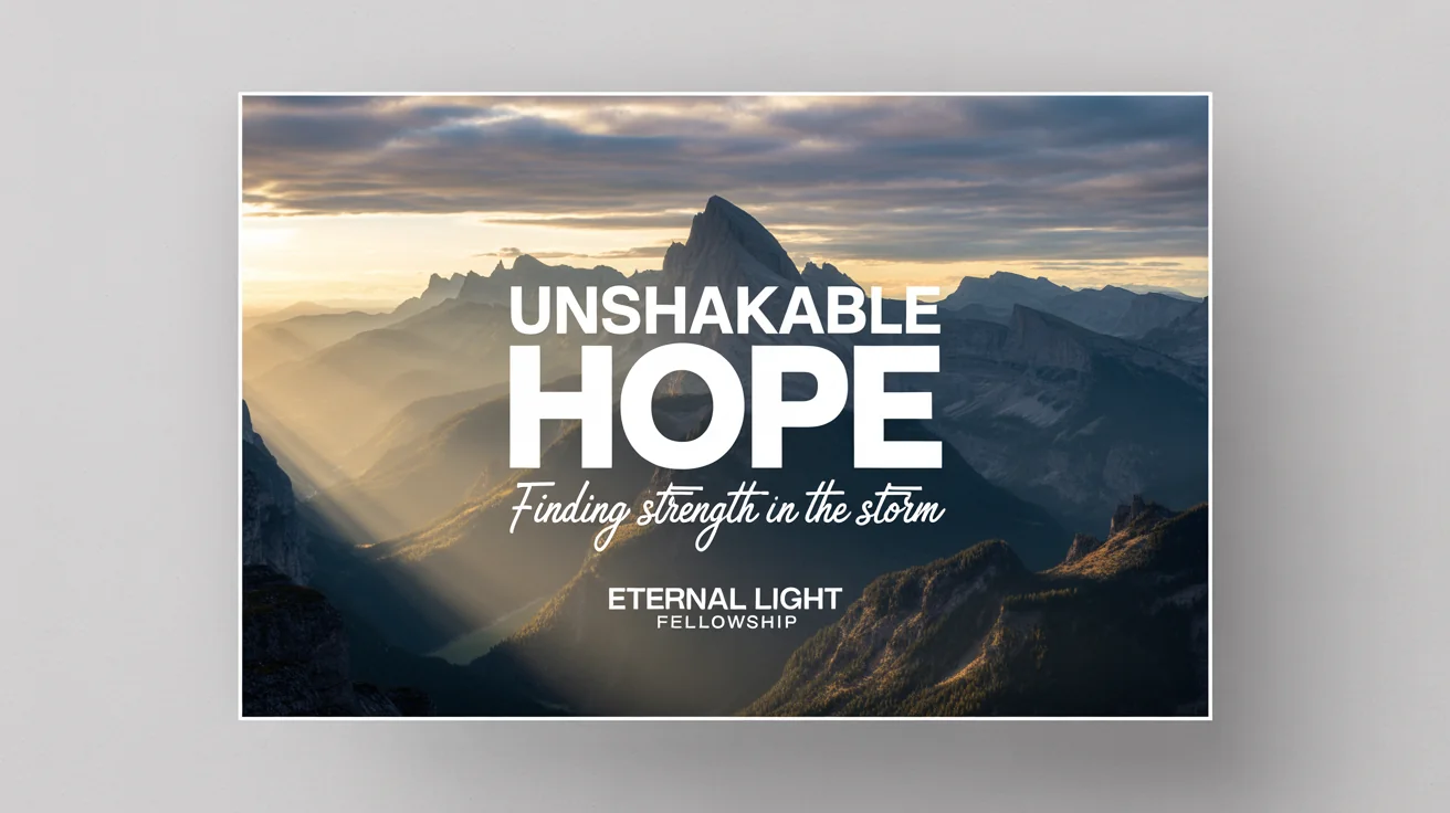 A mockup of a modern sermon series graphic titled 'Unshakable Hope'. The design features a dramatic photo of a mountain range at sunrise, with bold, clean typography for the title and church name, all displayed on a white background.