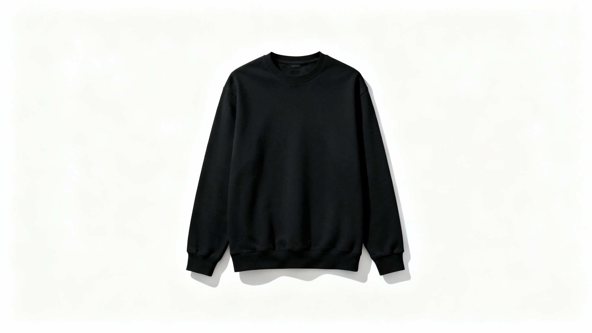 A plain black sweatshirt laid perfectly flat on a clean white background, shown in a top-down product mockup style.