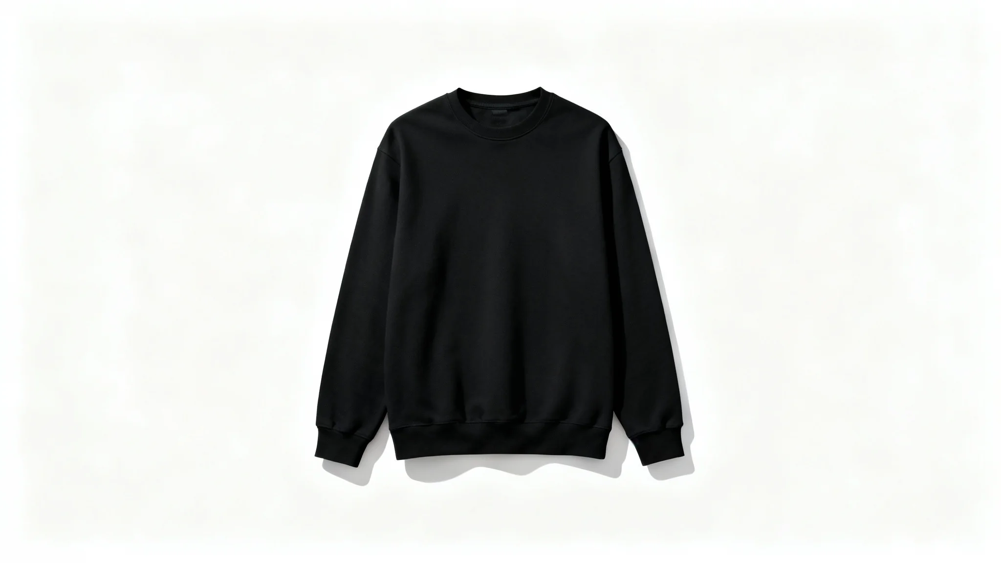 A plain black sweatshirt laid perfectly flat on a clean white background, shown in a top-down product mockup style.