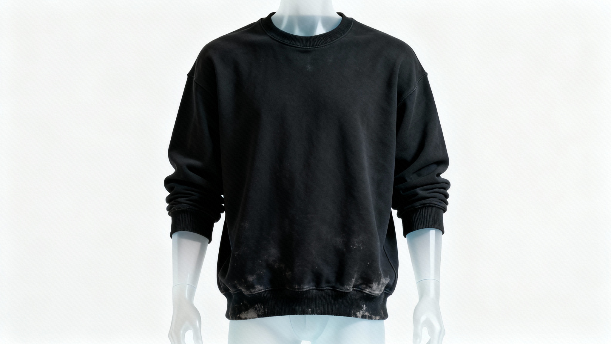 A photorealistic mockup of a plain black crewneck sweatshirt presented in a 3D ghost mannequin style against a solid white background.